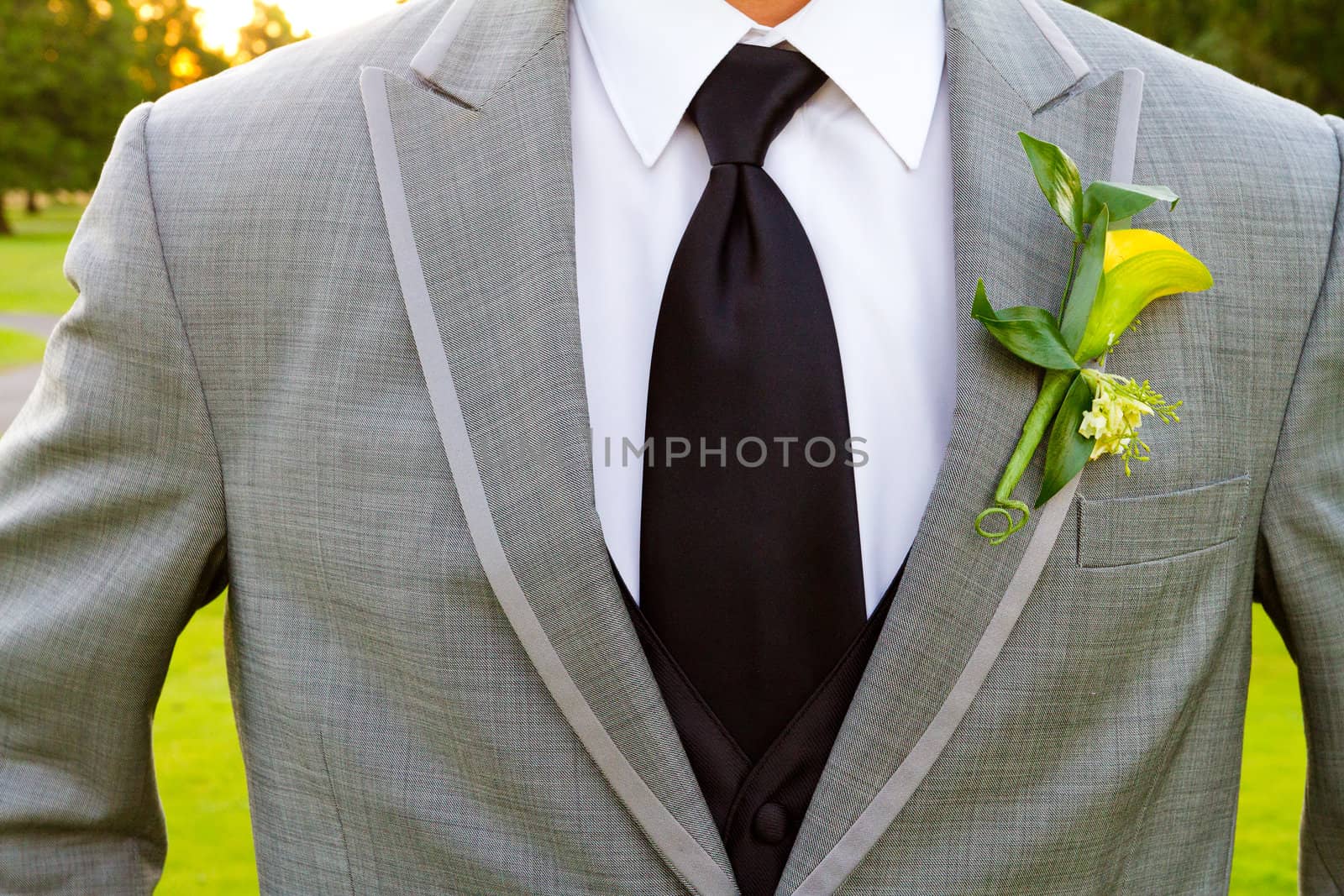 A groom and his boutonniere on his wedding day. He is wearing a suit with a single flower on the lapel of his jacket.