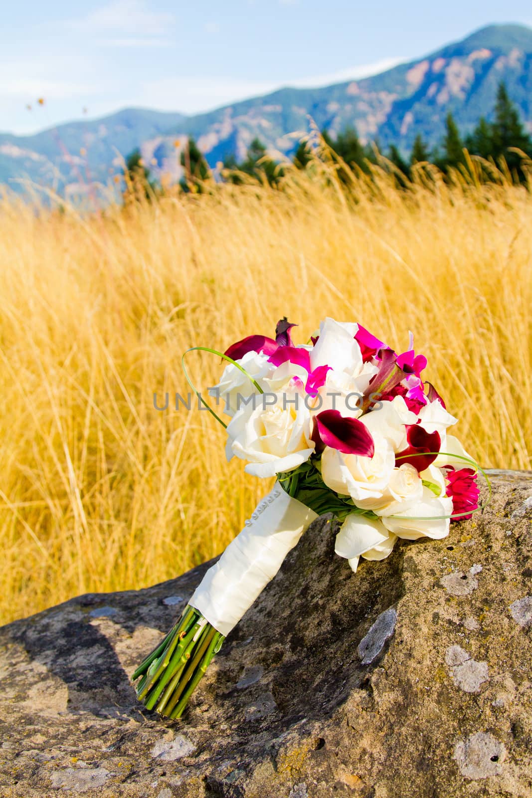 The bouquet of a bride has been laid down away from the ceremony and reception on her wedding day. The flowers in the bouquet are beautiful.