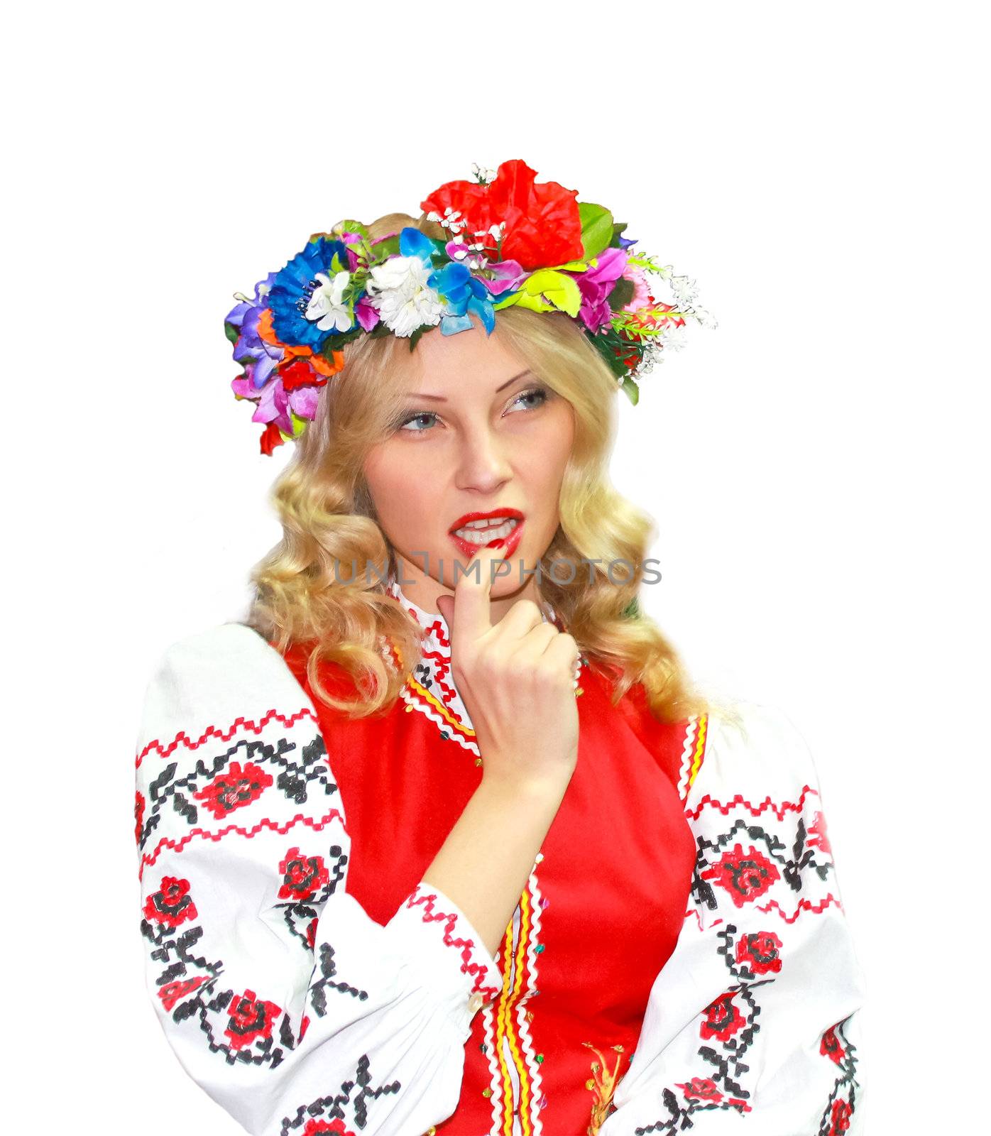 Beautiful girl in the Ukrainian national costume on a white background