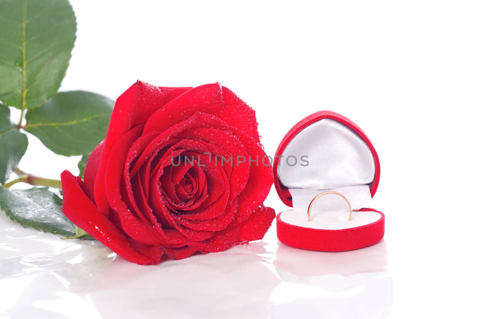 Ring in the package, and a red rose isolated on white background