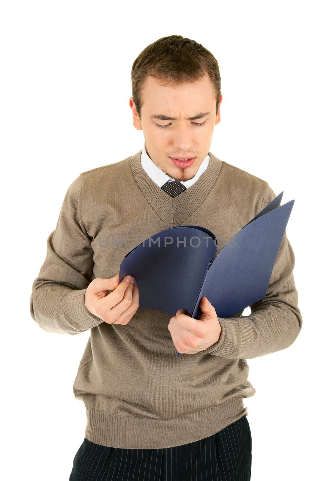 Puzzled young manager with document folder isolated on white background