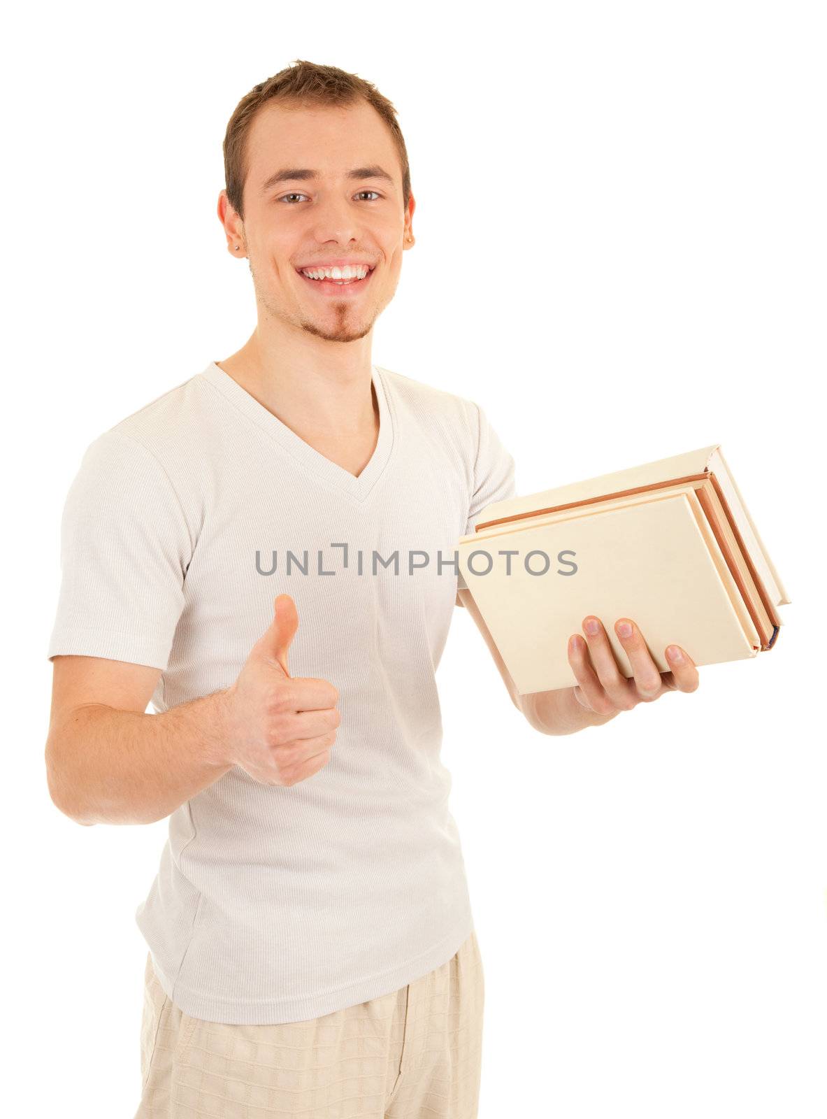 Happy casual young student with thumb up and books isolated on white background