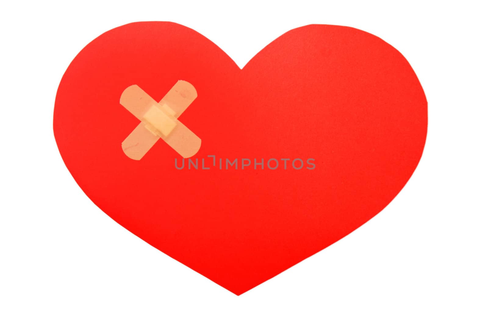 close up of a plasters and paper broken heart on white background 