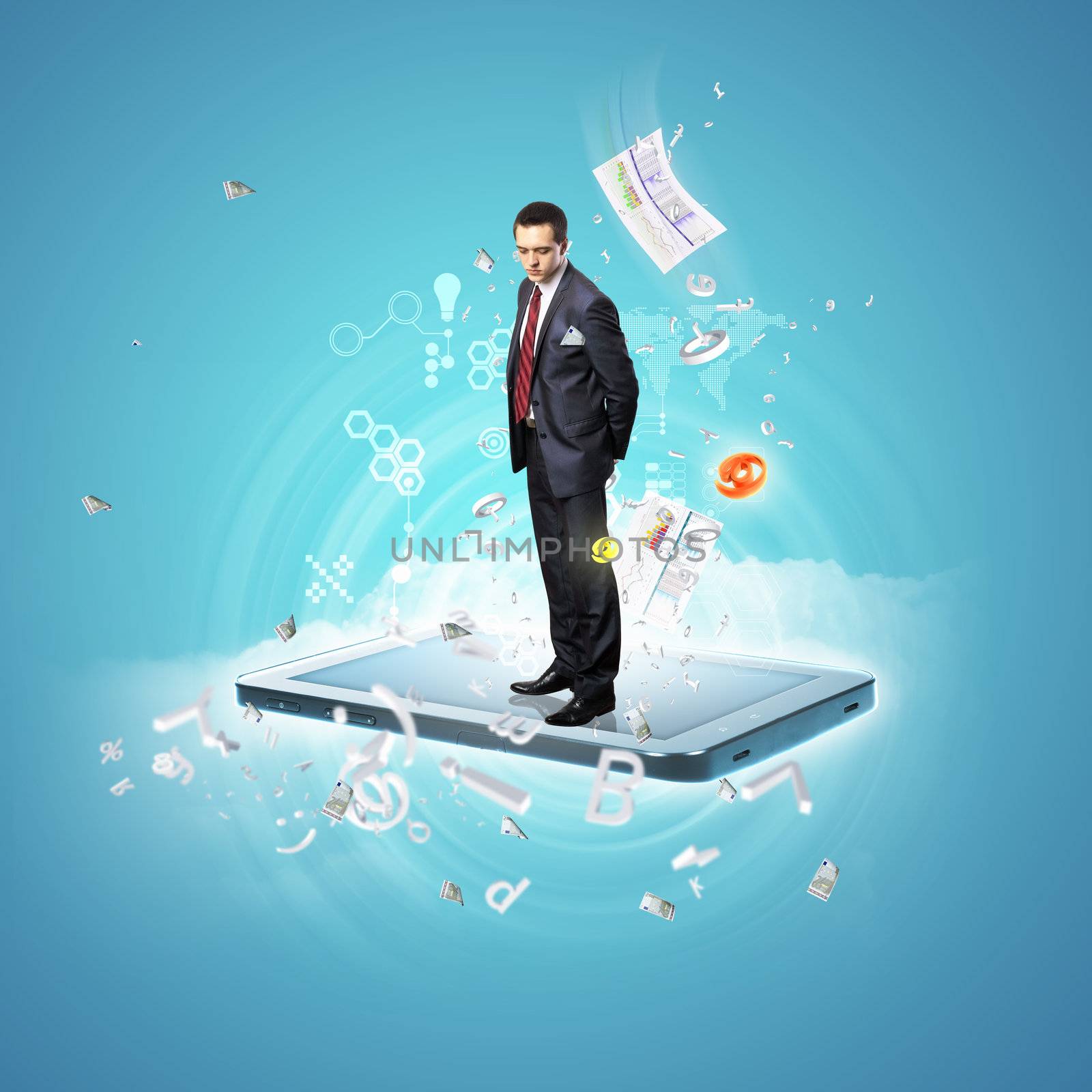 Modern technology illustration with computers and business person