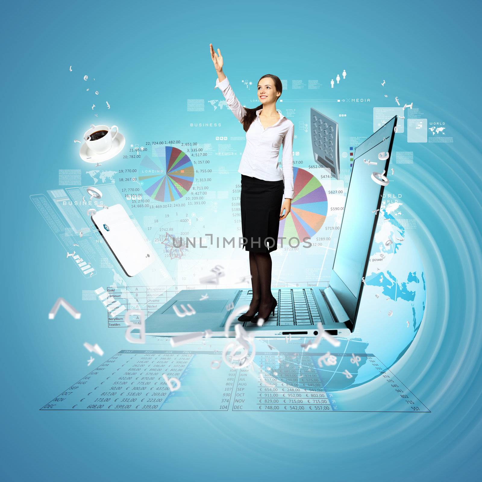 Modern technology illustration with computers and business person