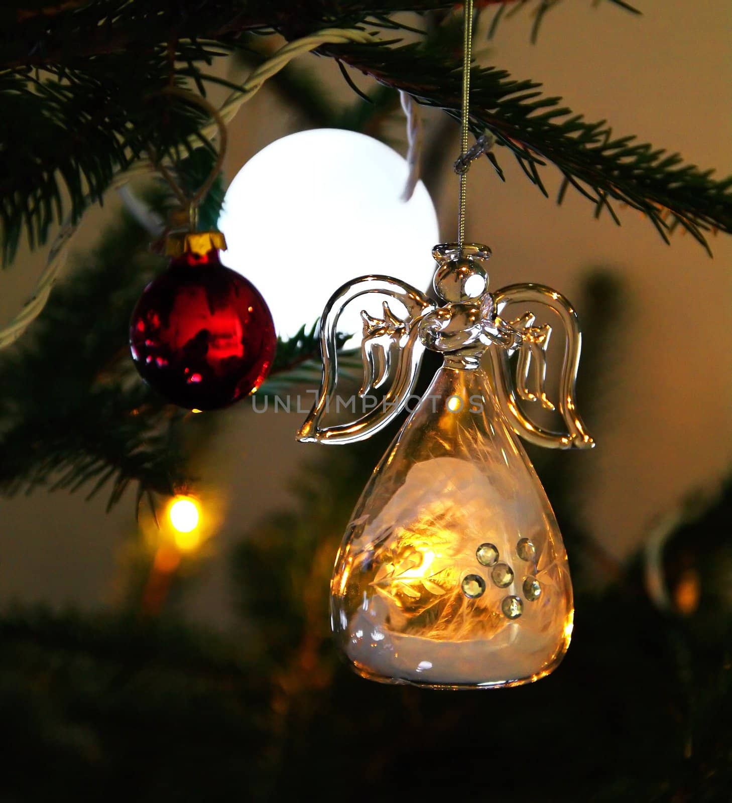 Christmas angel in glass hanging in tree