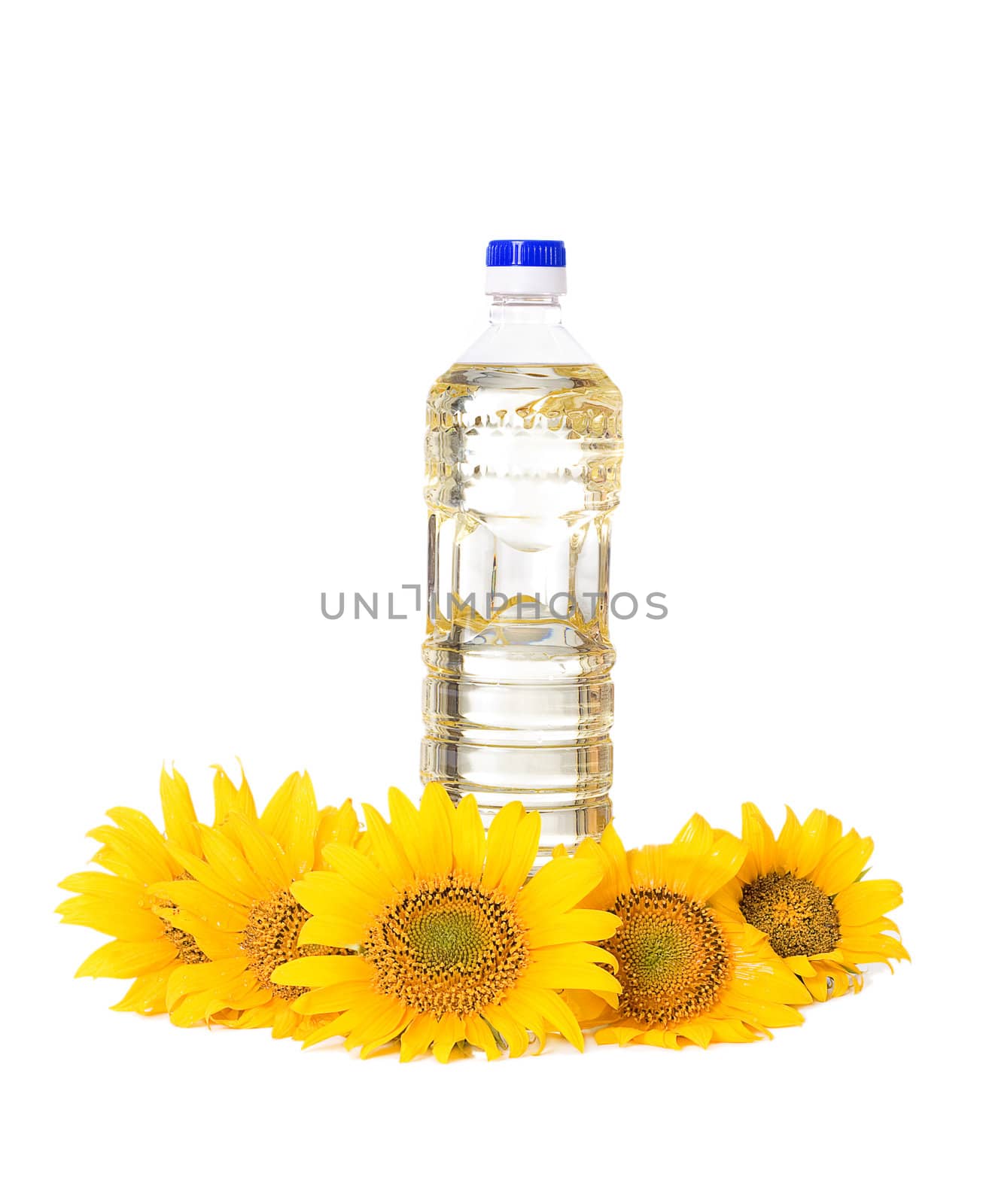 Bottle of sunflower oil with flower isolated on white background