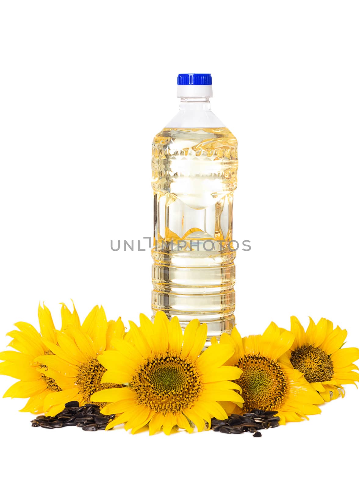 Bottle of sunflower oil with flower isolated on white background