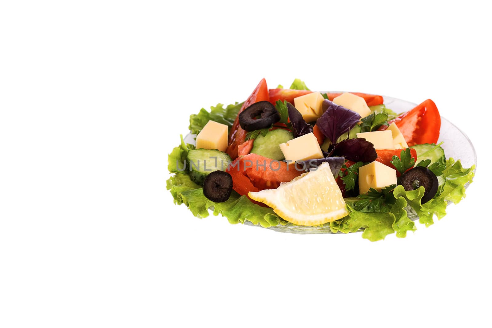 salad and vegetables. Pepper, garlic, lemon and parsley isolated on white background