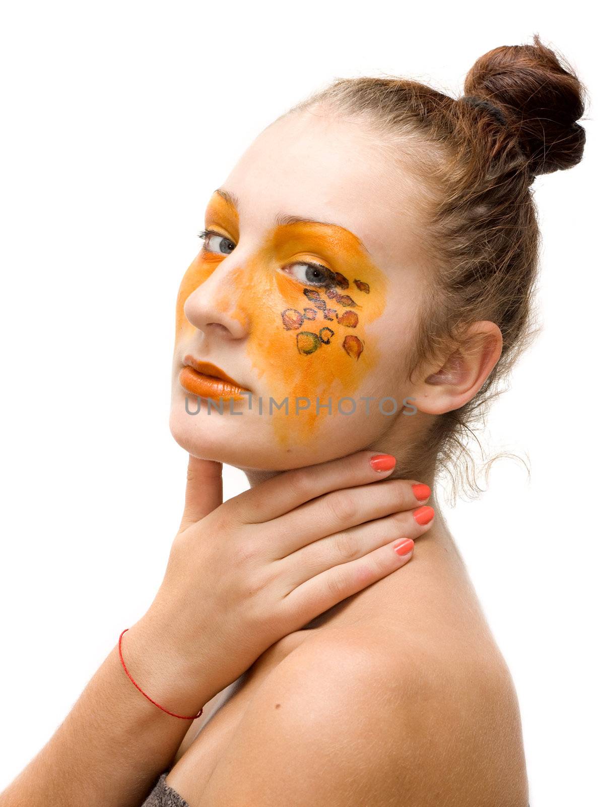 Portrait of girl in cat make-up and bodyart
