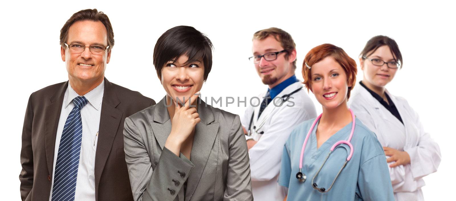Attractive Mixed Race Women and Businessman with Doctors or Nurses Isolated on a White Background.