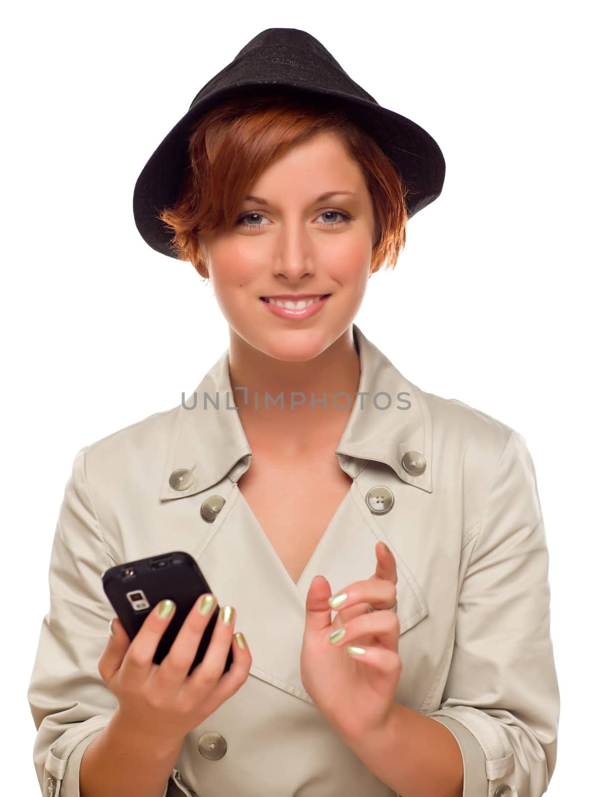 Smiling Young Woman Holding Smart Cell Phone on White by Feverpitched