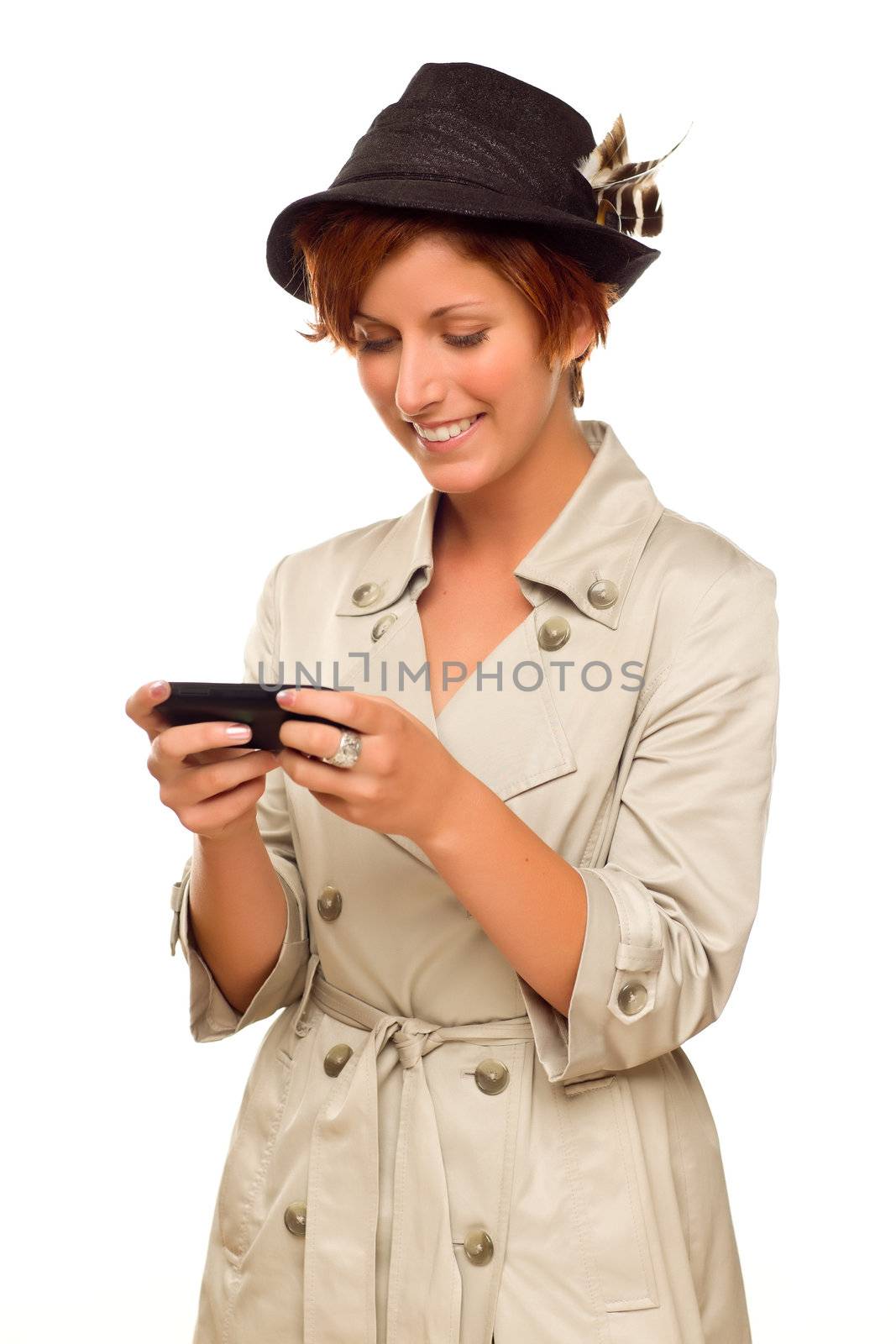 Smiling Young Woman Holding Smart Cell Phone on White by Feverpitched