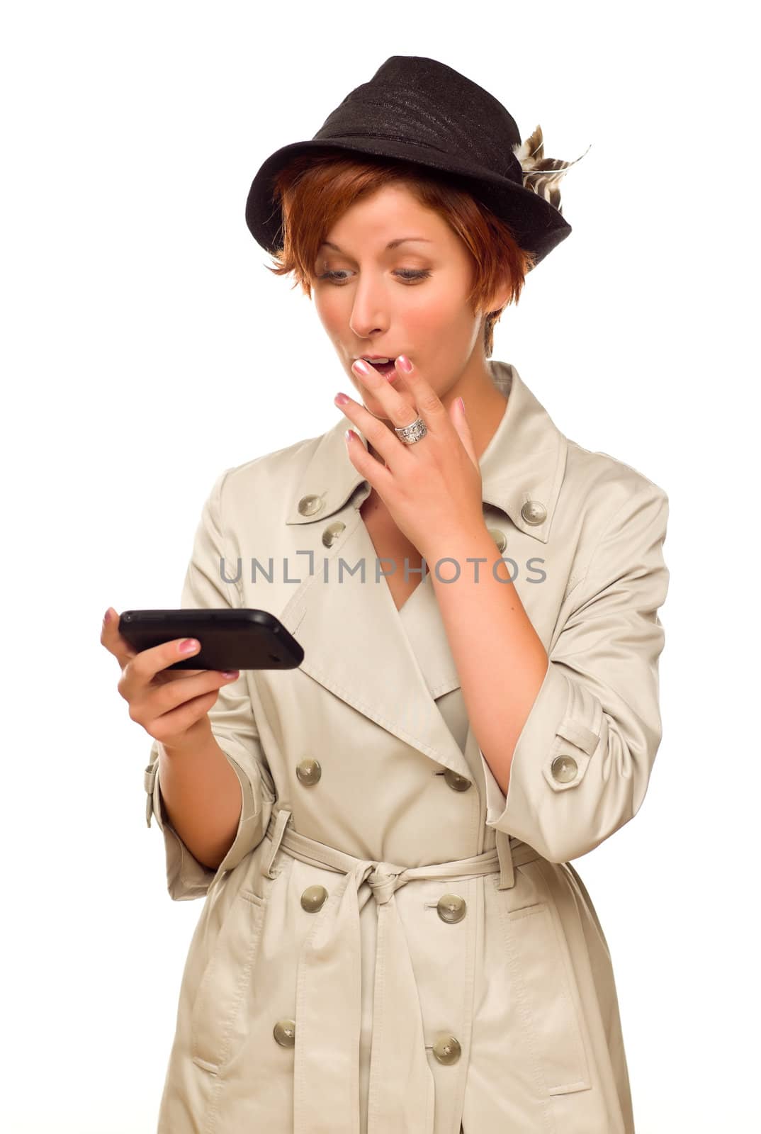 Smiling Young Woman Holding Smart Cell Phone on White by Feverpitched