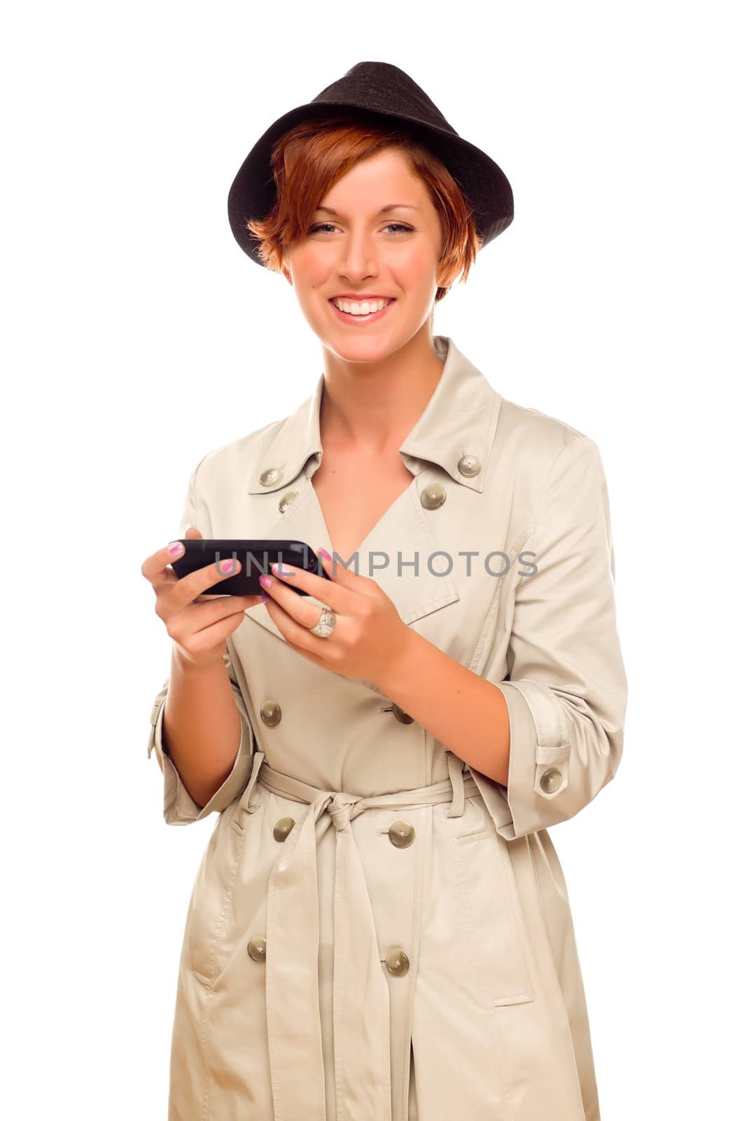 Smiling Young Woman Holding Smart Cell Phone on White by Feverpitched