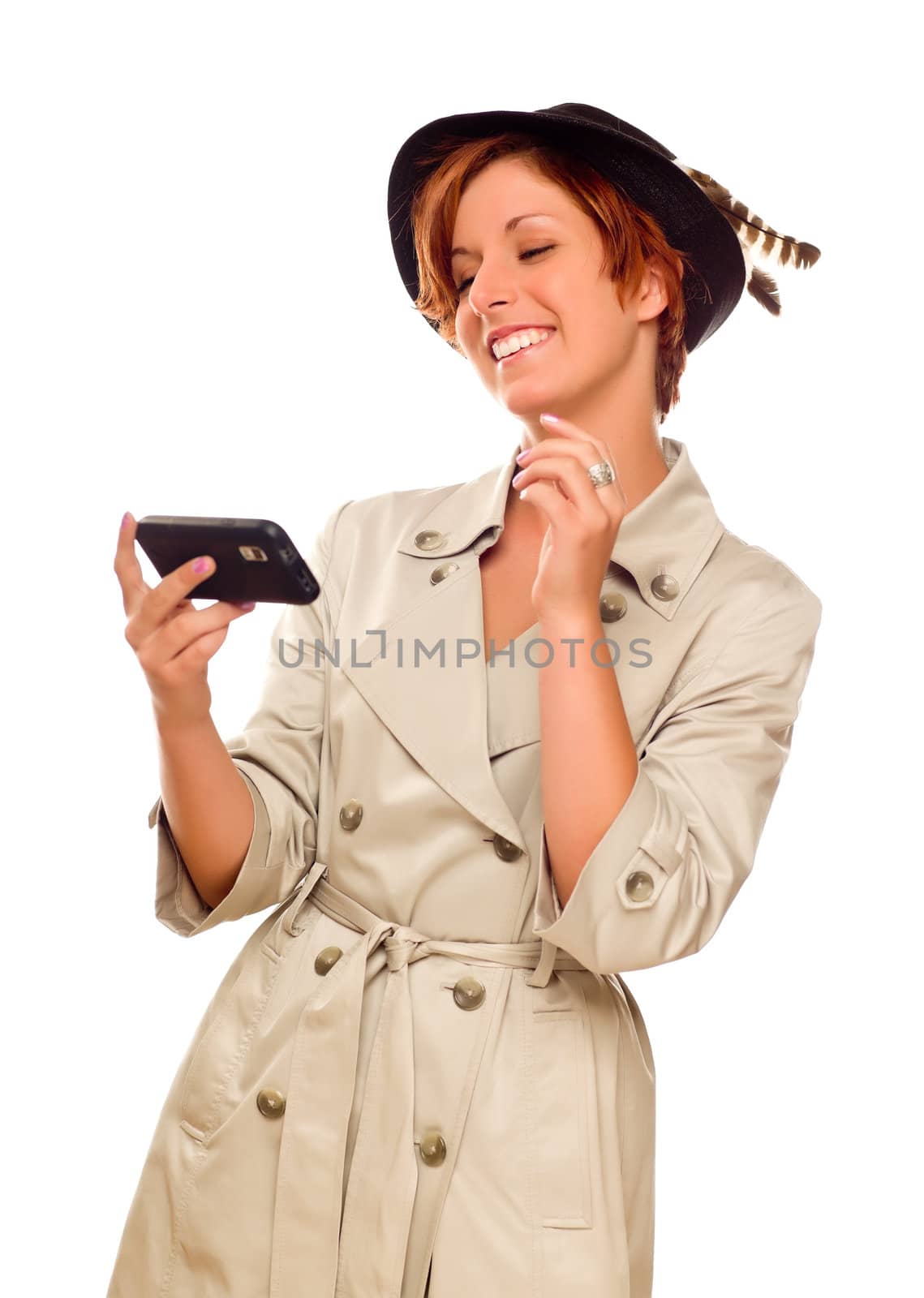 Smiling Young Woman Holding Smart Cell Phone on White by Feverpitched