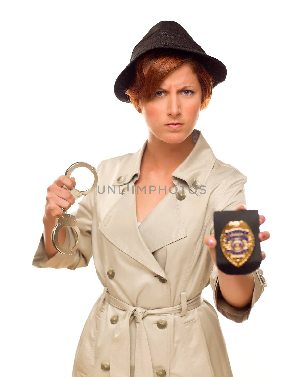 Attractive Female Detective With Handcuffs and Badge In Trench Coat Isolated on a White Background.