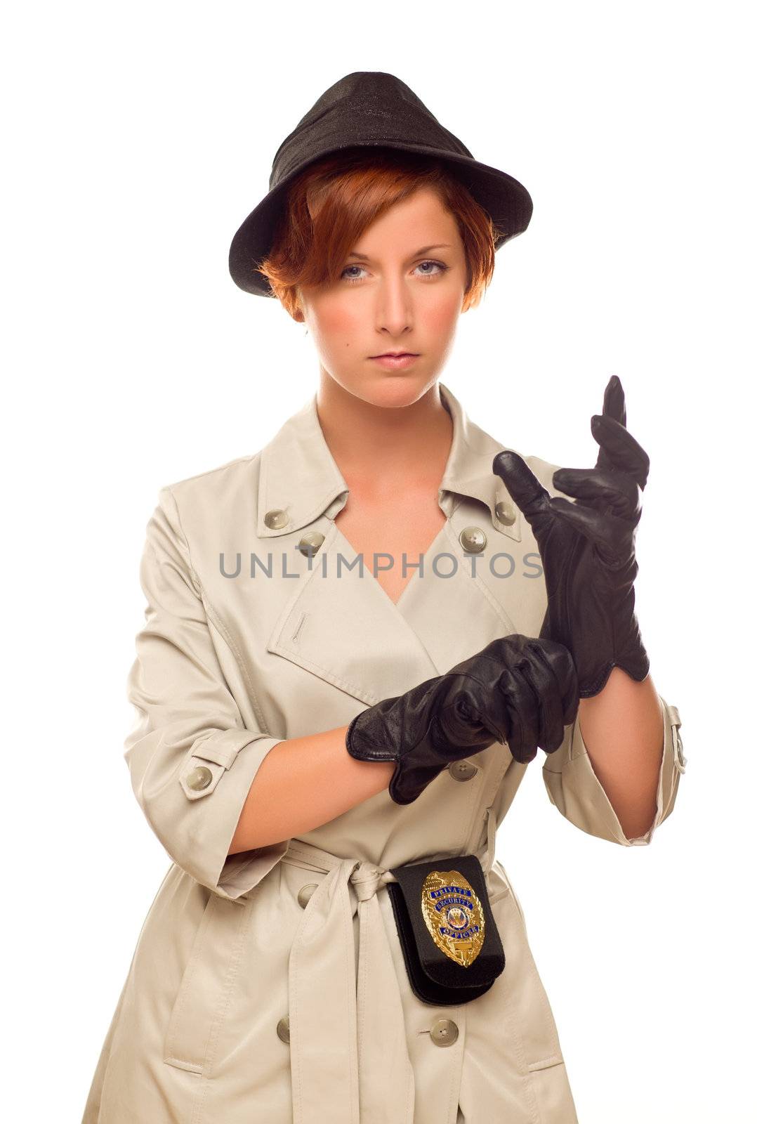 Female Detective With Badge and Gloves In Trench Coat on White by Feverpitched