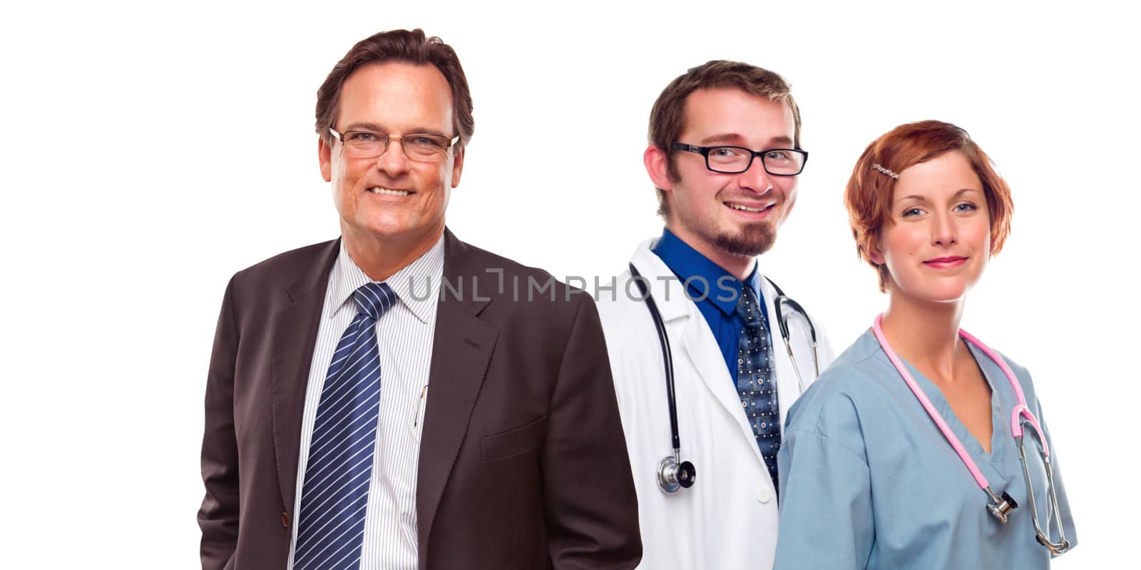 Friendly Young Male and Female Doctors with Businessman Isolated on a White Background.