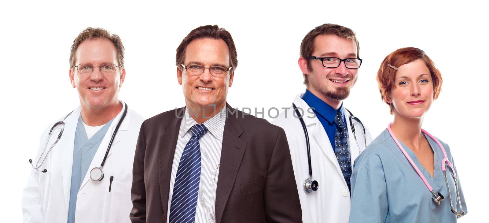 Smiling Businessman with Male and Female Doctors or Nurses Isolated on a White Background.