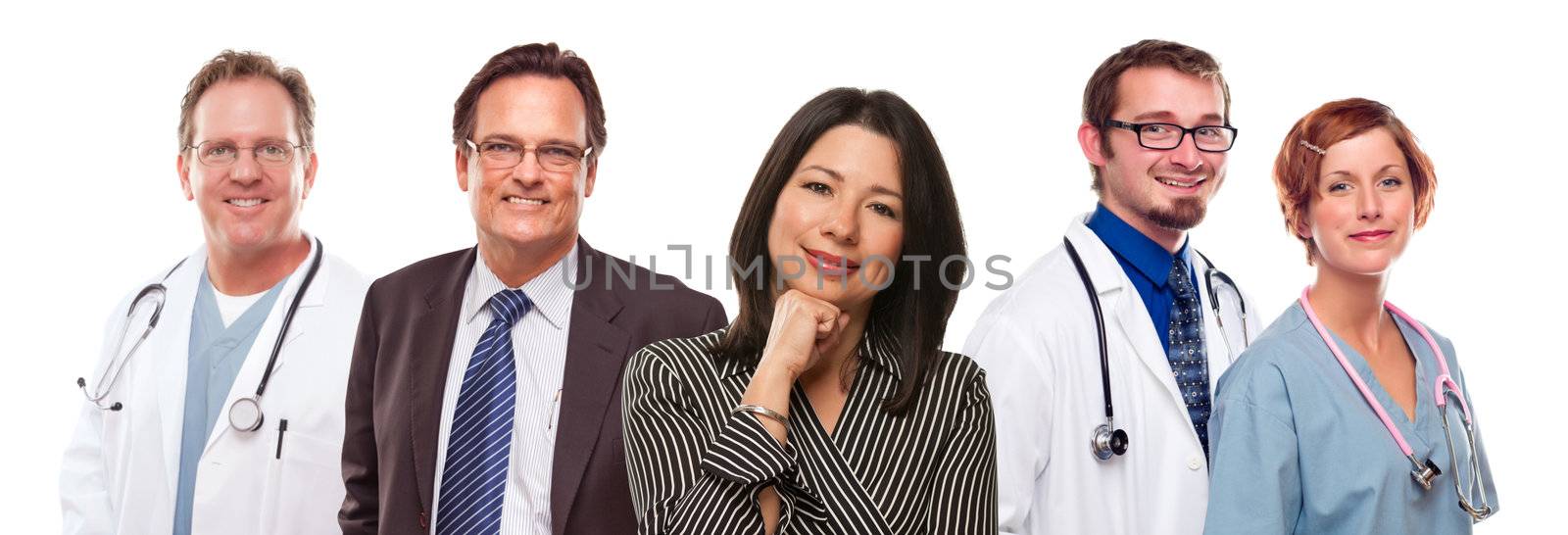 Hispanic Woman with Businessman and Male Doctors or Nurses by Feverpitched