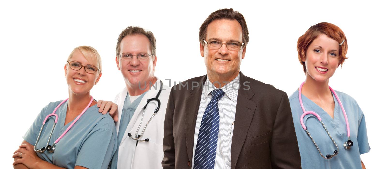 Smiling Businessman with Male and Female Doctors or Nurses Isolated on a White Background.