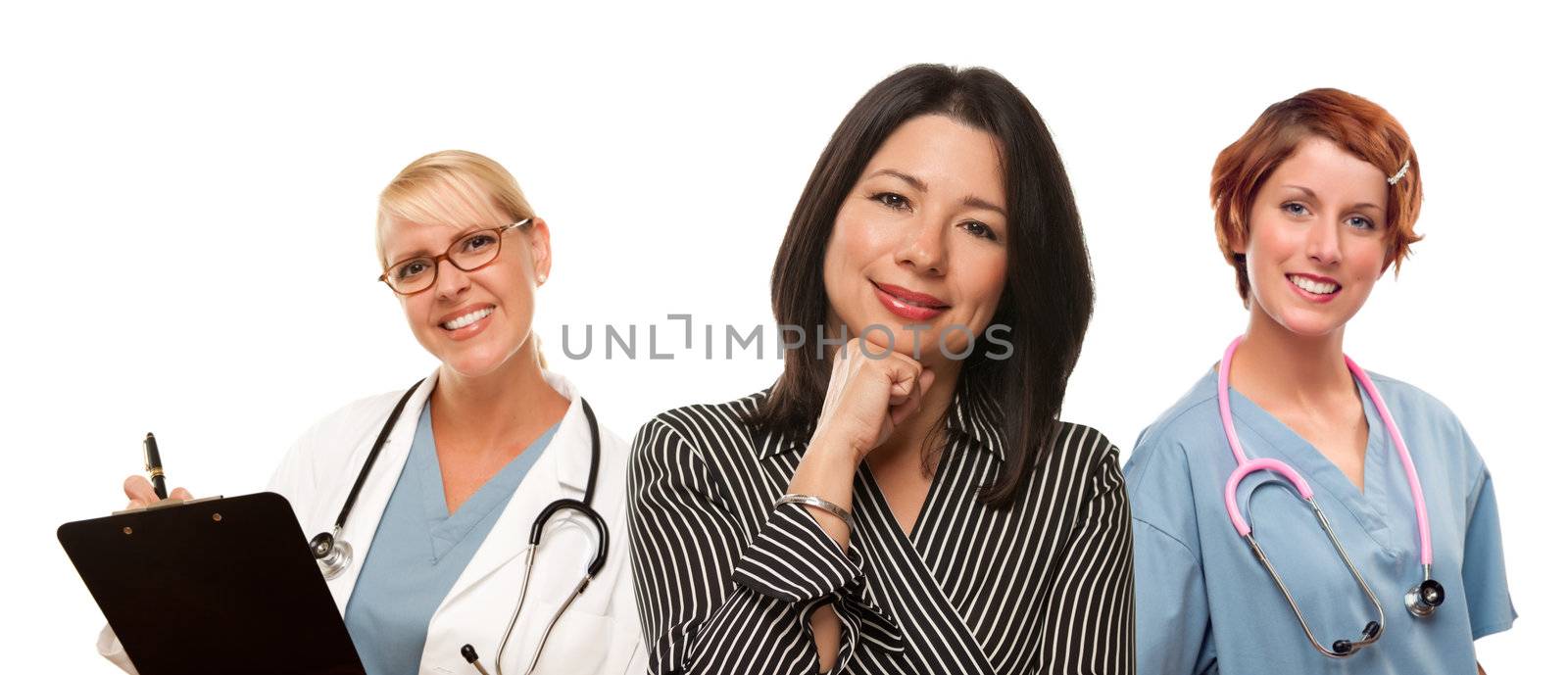 Attractive Hispanic Woman with Female Doctors and Nurses Isolated on a White Background.