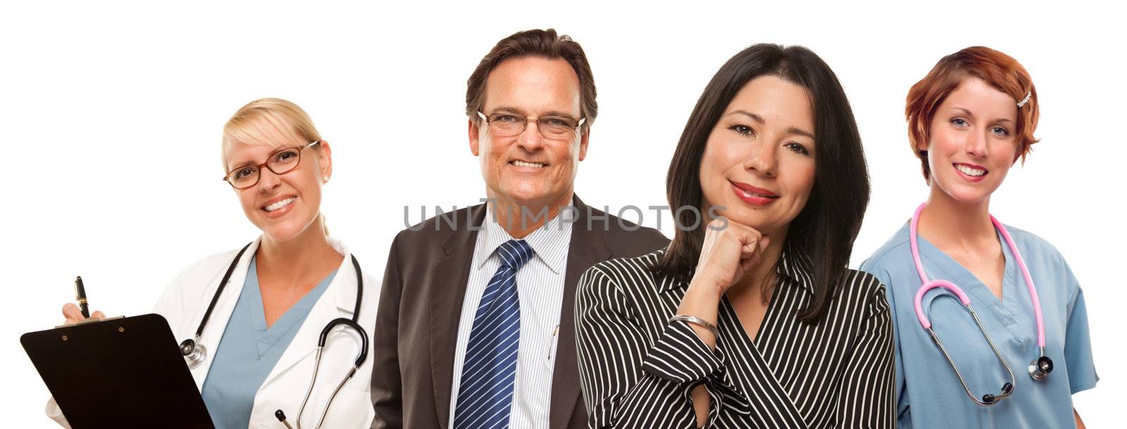 Hispanic Woman with Businessman and Male Doctors or Nurses by Feverpitched