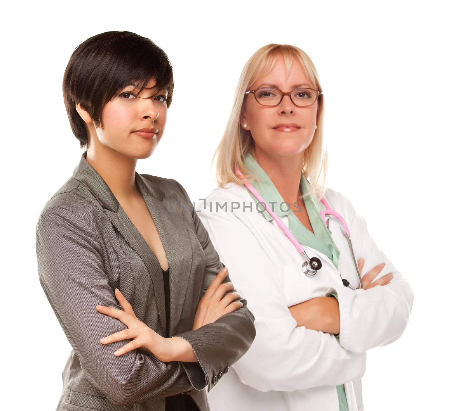 Attractive Young Multiethnic Woman with Female Doctor or Nurse Isolated on a White Background.