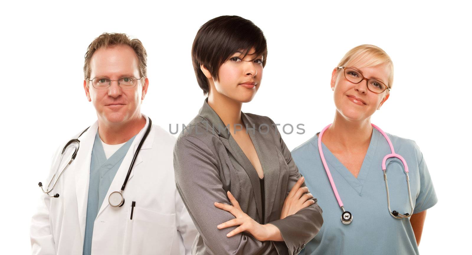 Young Mixed Race Woman with Doctors and Nurses Behind Isolated on a White Background.