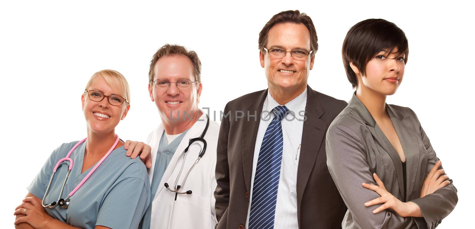 Attractive Mixed Race Women and Businessman with Doctors or Nurses Isolated on a White Background.