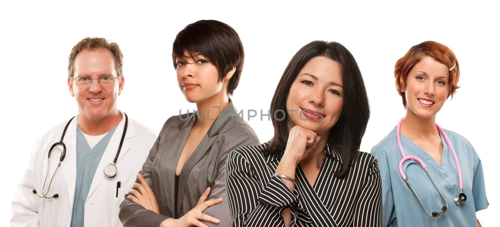 Attractive Mixed Race Ethnic Women with Doctors or Nurses Isolated on a White Background.