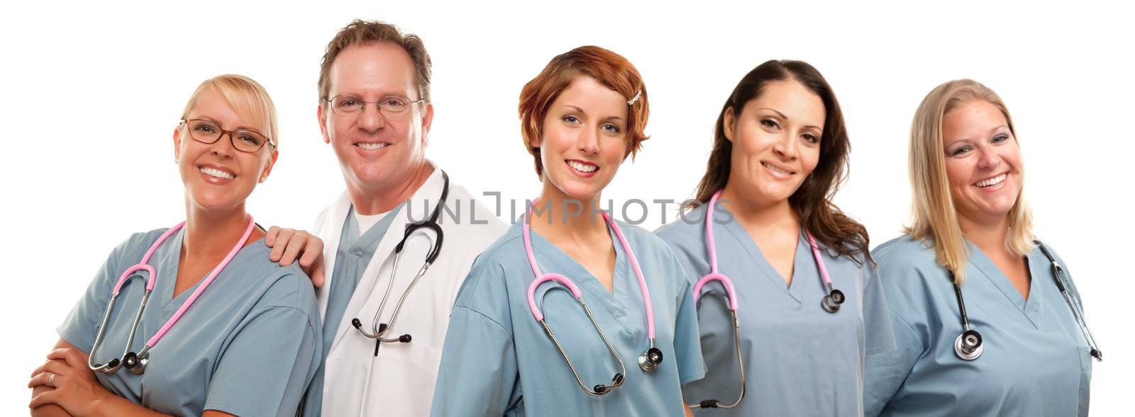 Group of Smiling Male and Female Doctors or Nurses Isolated on a White Background.