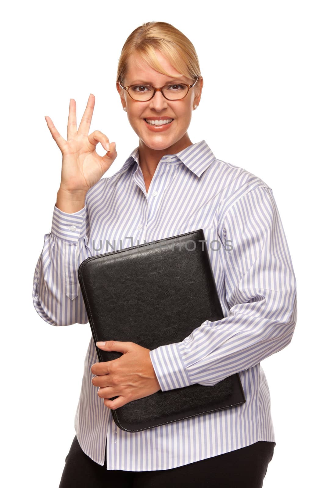 Attractive Smiling Blond Woman with Okay Hand Sign Isolated on a White Background.