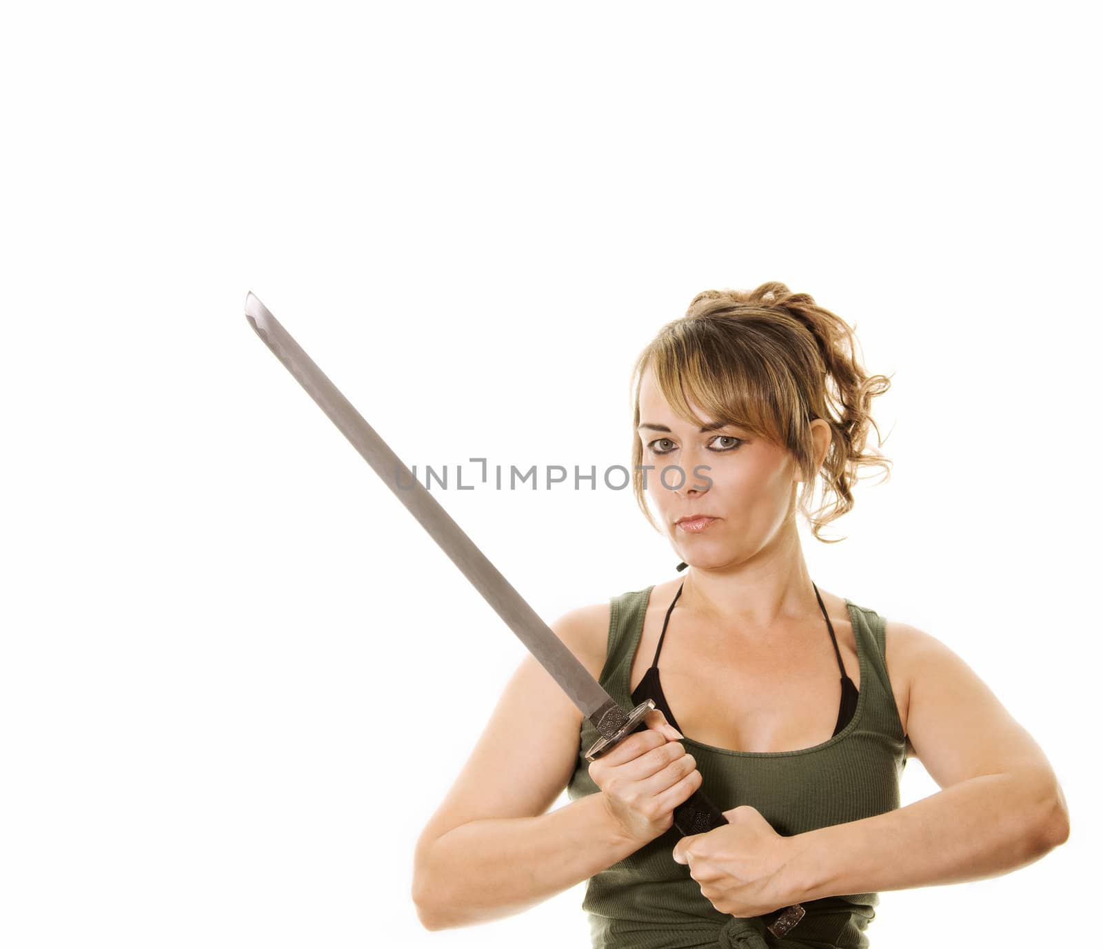 woman holding a a samurai sword isolated on white