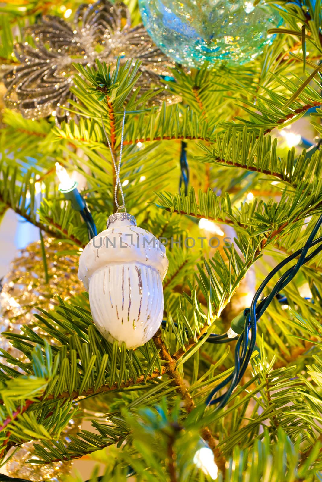 Elegant beautiful Christmas tree ornaments hang from this fir with lights and decorations all around.