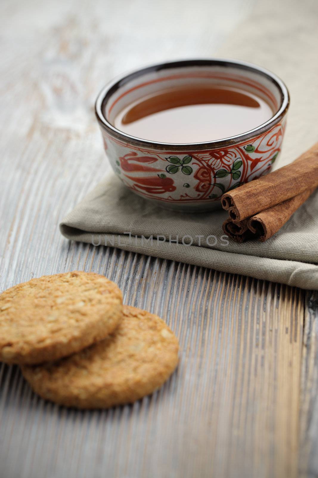 Cup of tea on wood board, drink for health