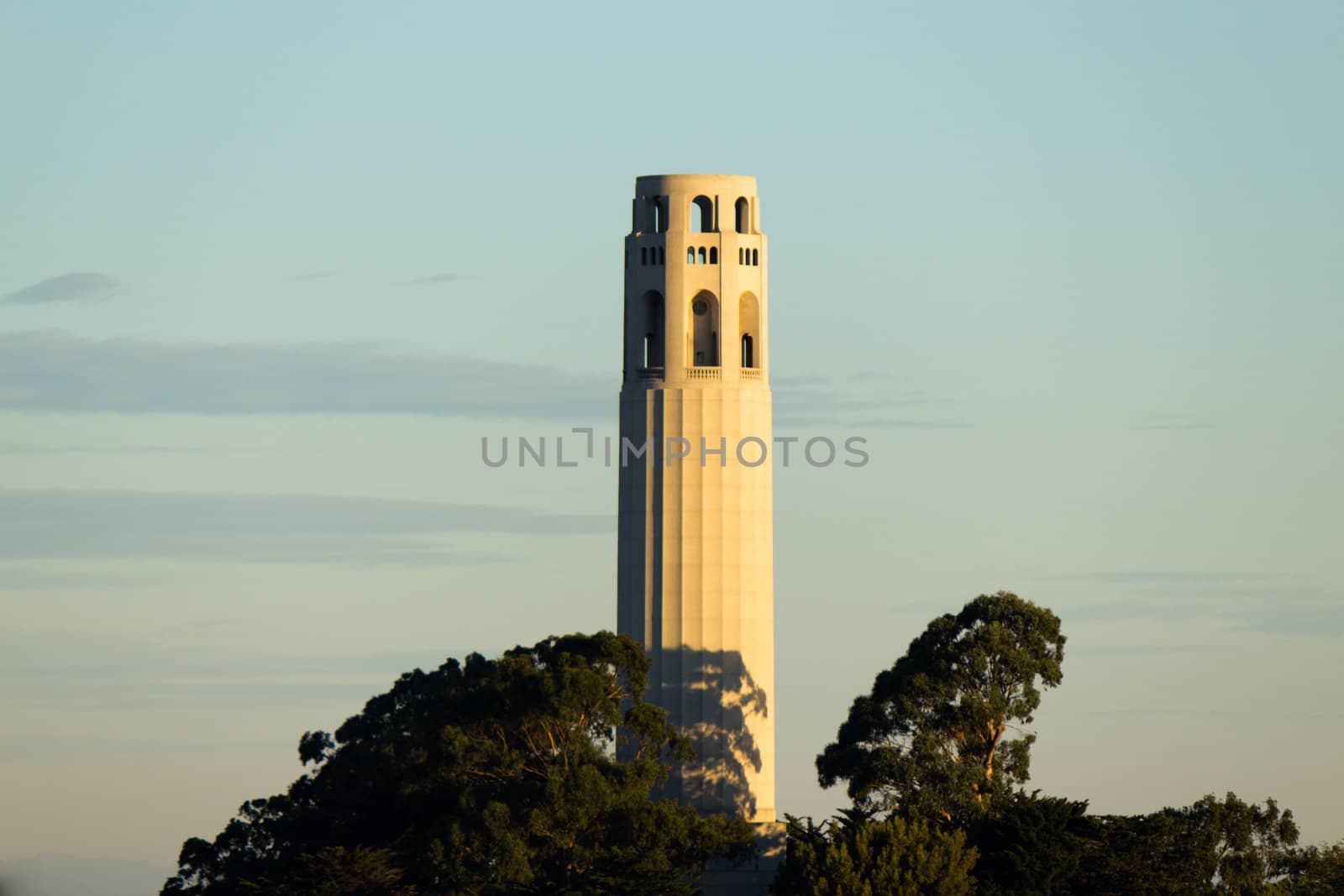 Coit Tower in the early morning sun.