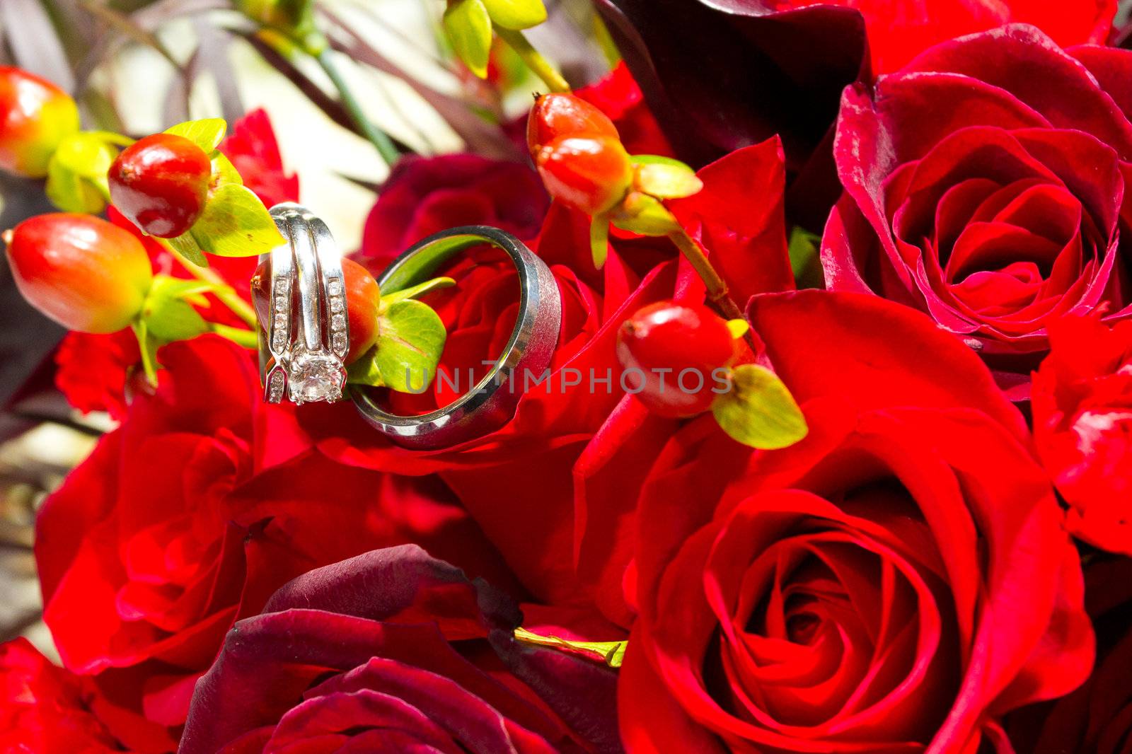 A bride and groom wedding rings photographed in an artistic wedding pictures sort of way with nobody in the image.