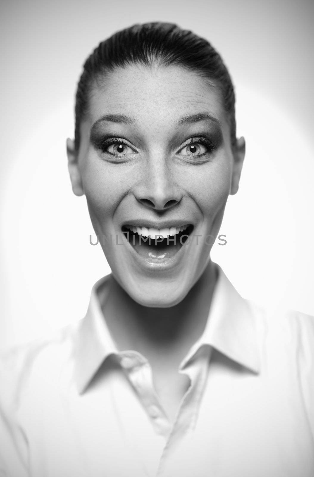 Portrait of beautiful woman happy and surprised, shallow deep of field