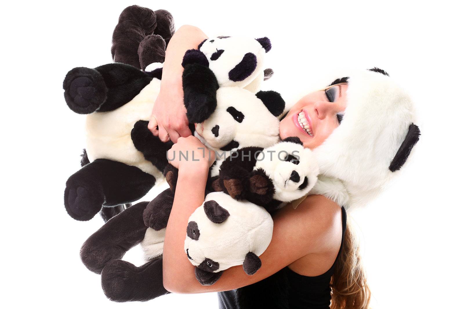 Woman in panda suit with little pandas over a white background