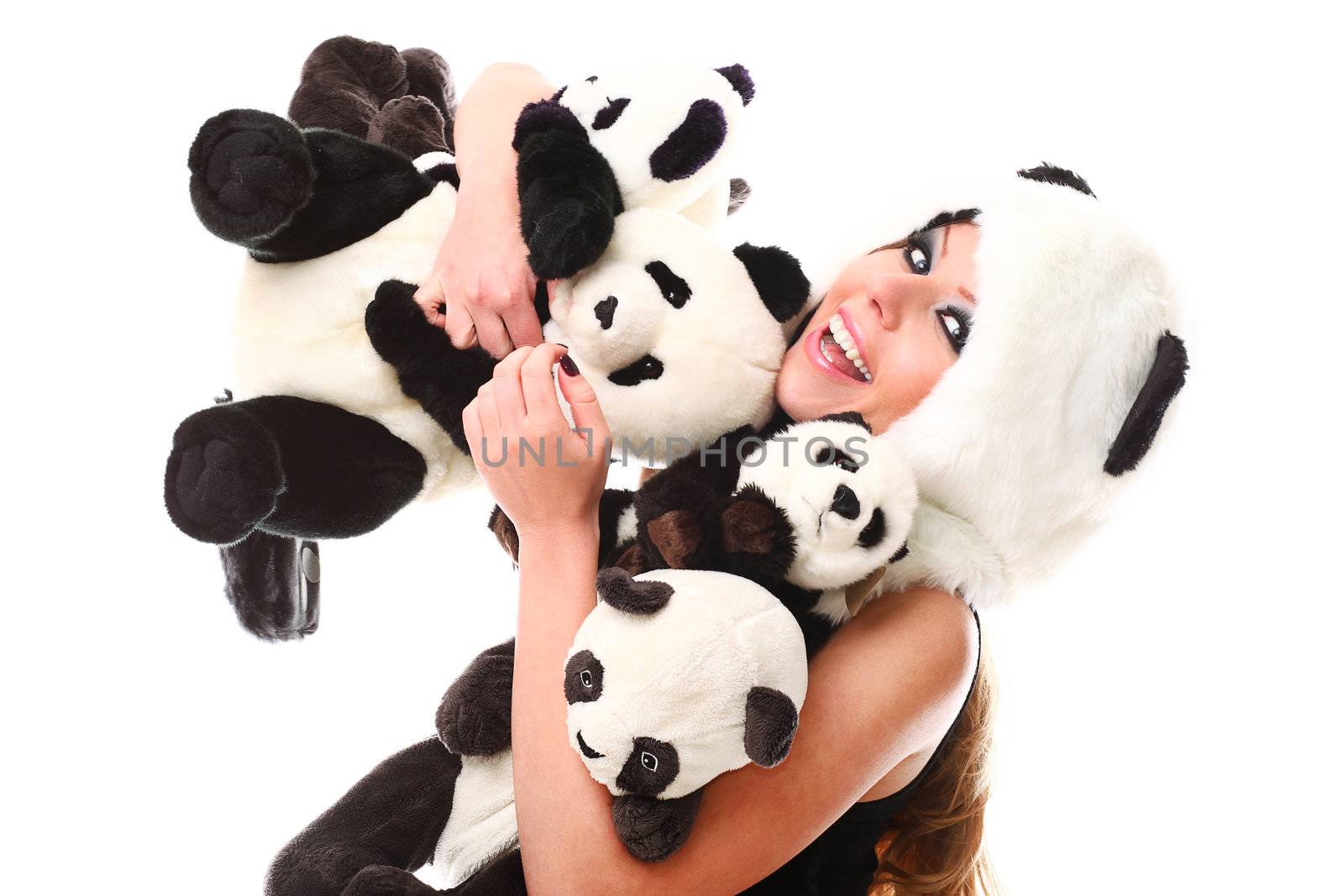 Woman in panda suit with little pandas over a white background