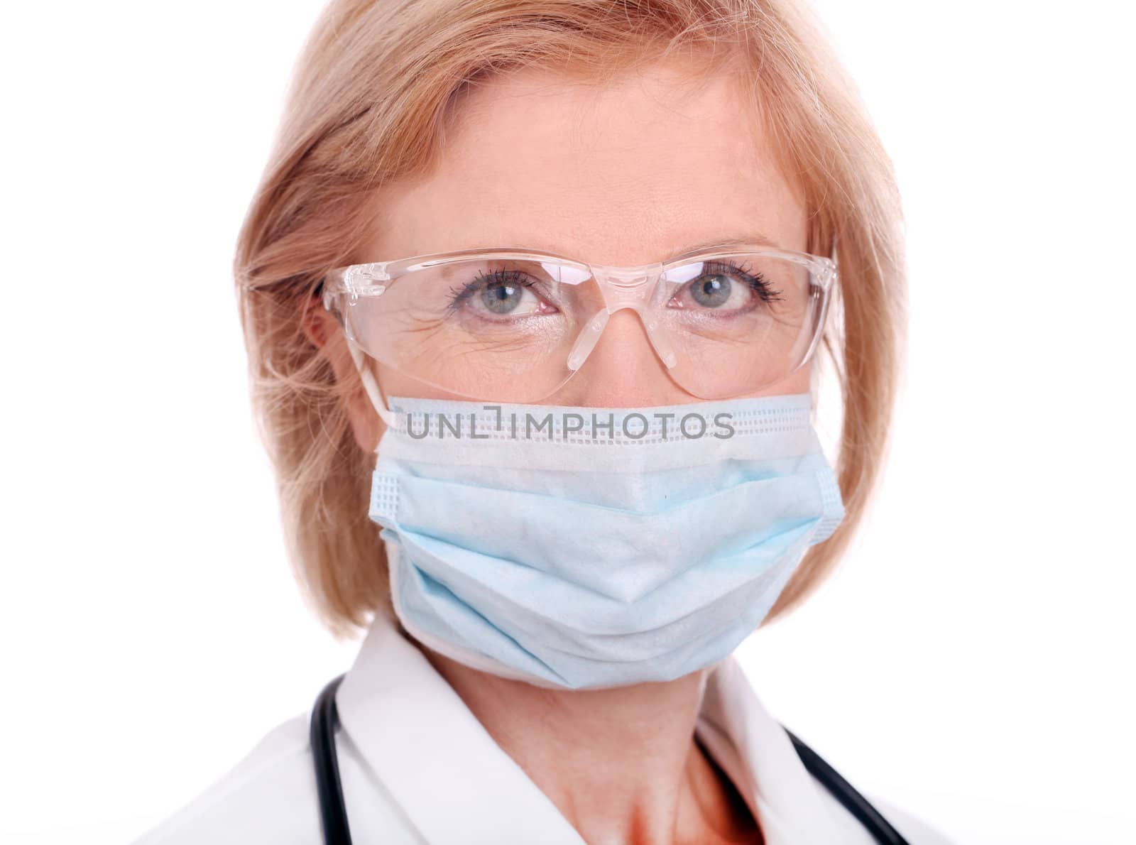 Woman doctor with syringe on a white background