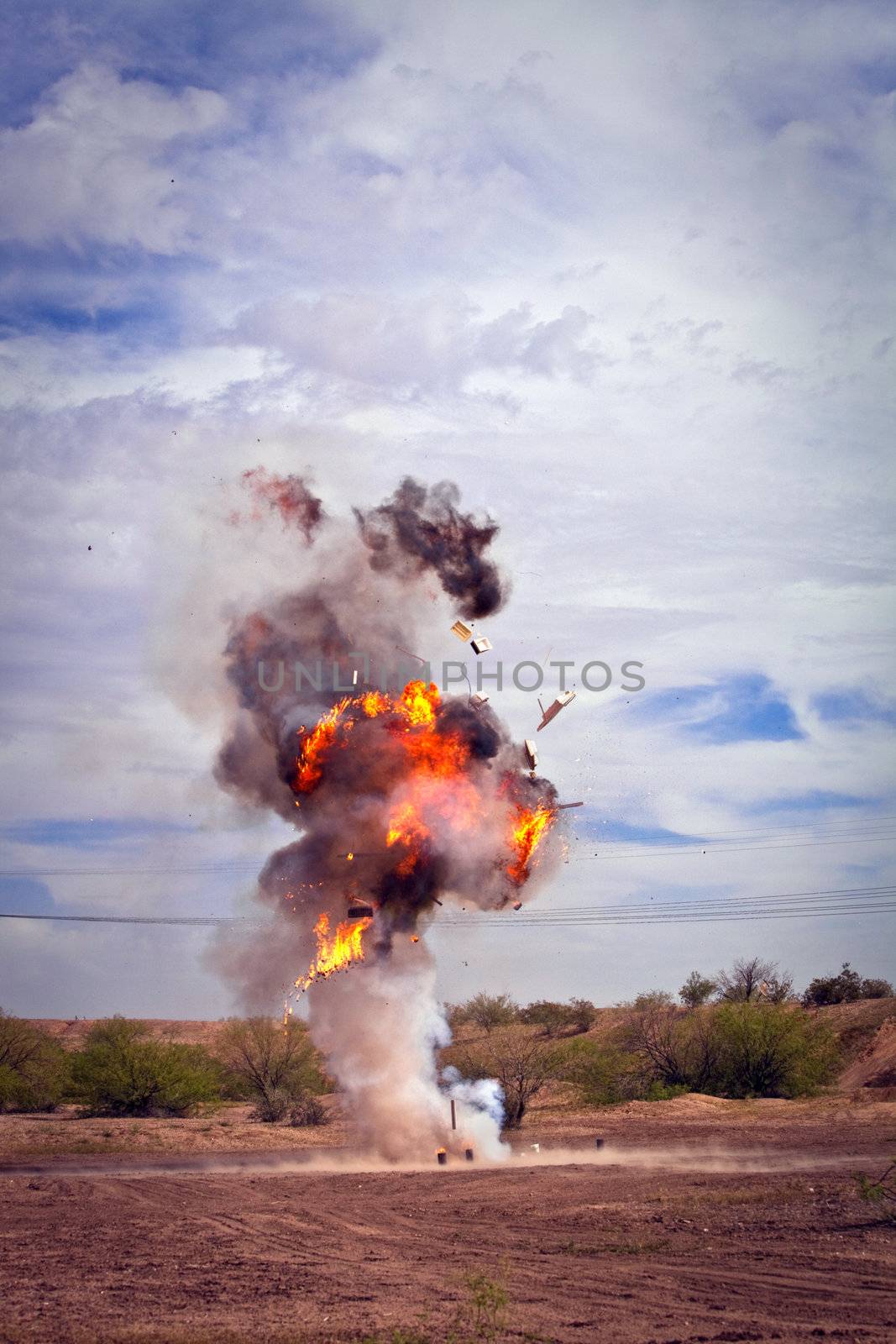 Motion picture effects refrigerator explosion in desert