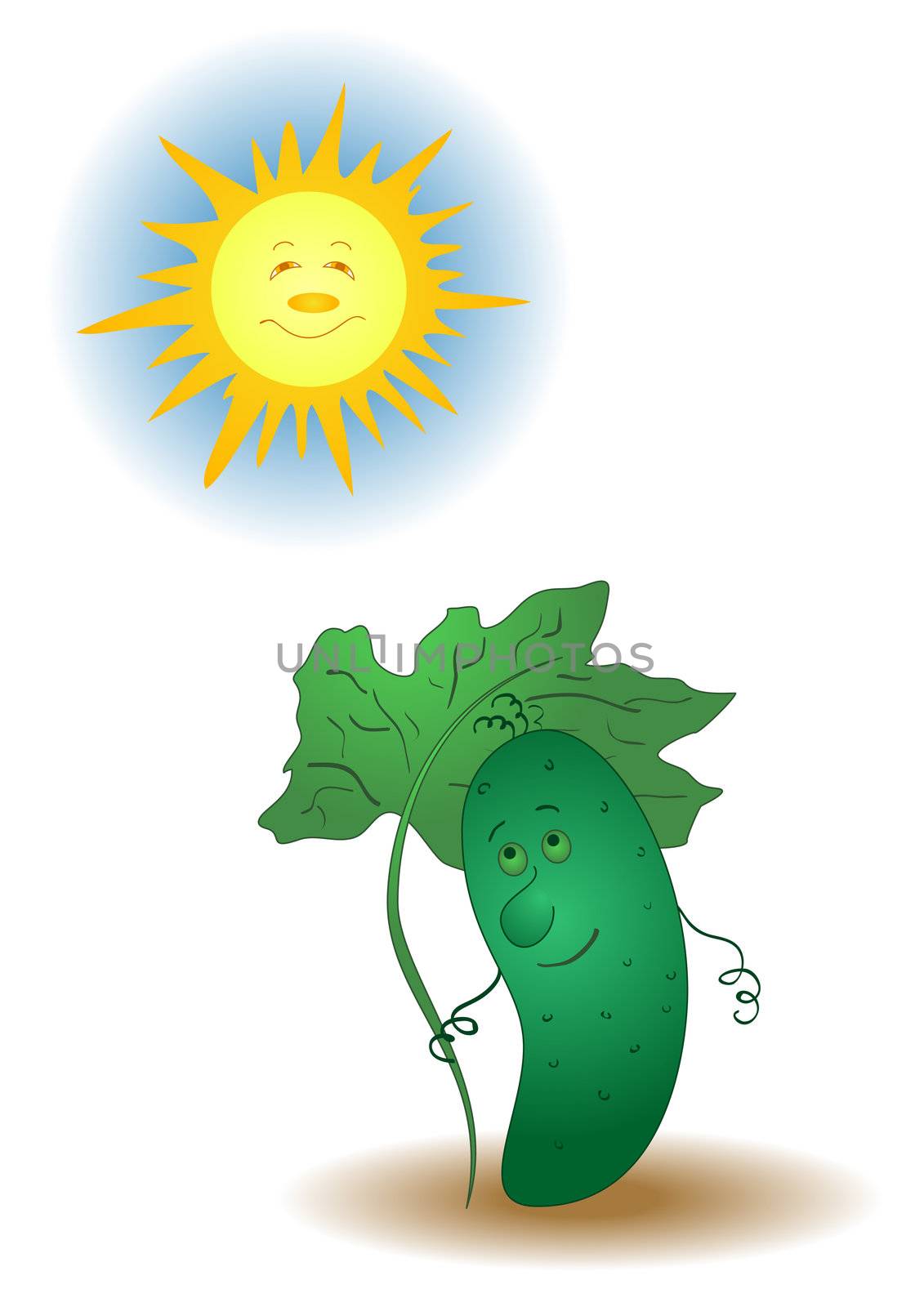 Summer cartoon, cucumber hiding under an umbrella from the sun