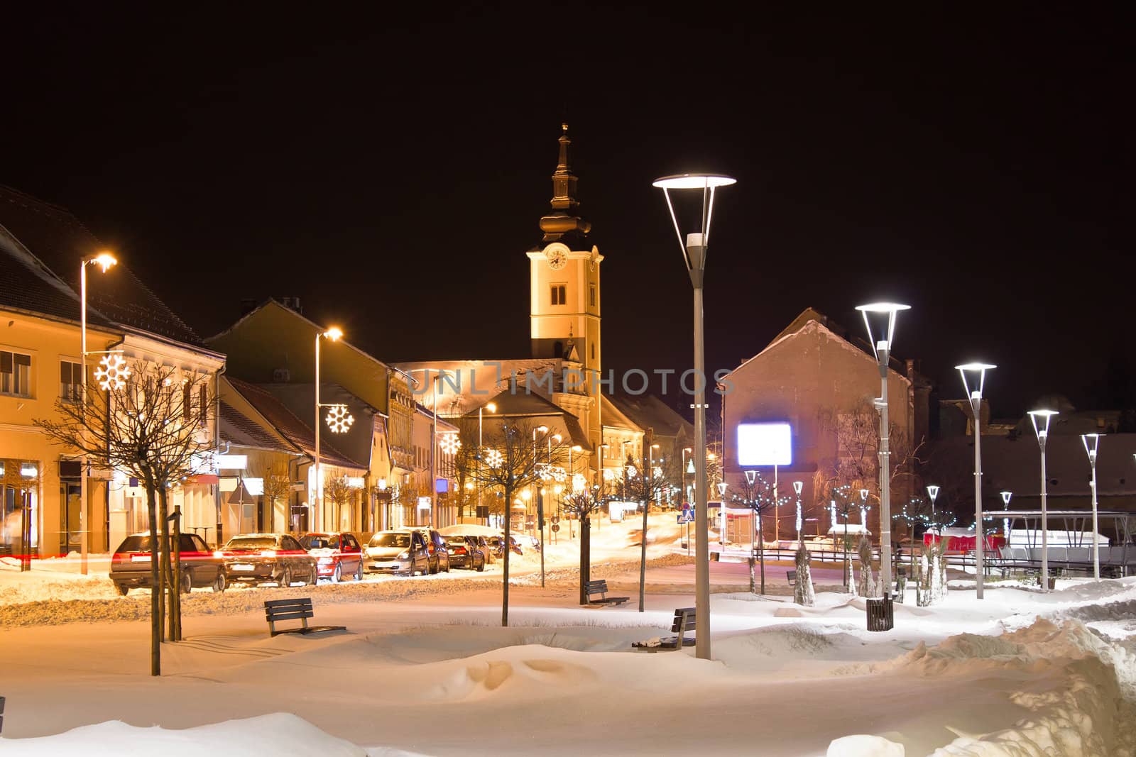 Christmas snow on town street, Krizevci, Croatia