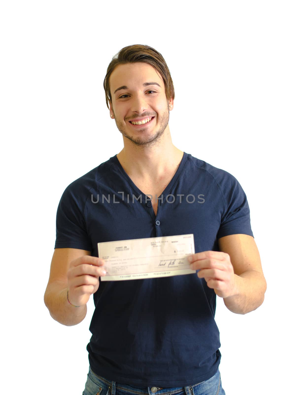 Smiling, happy young man with check by artofphoto