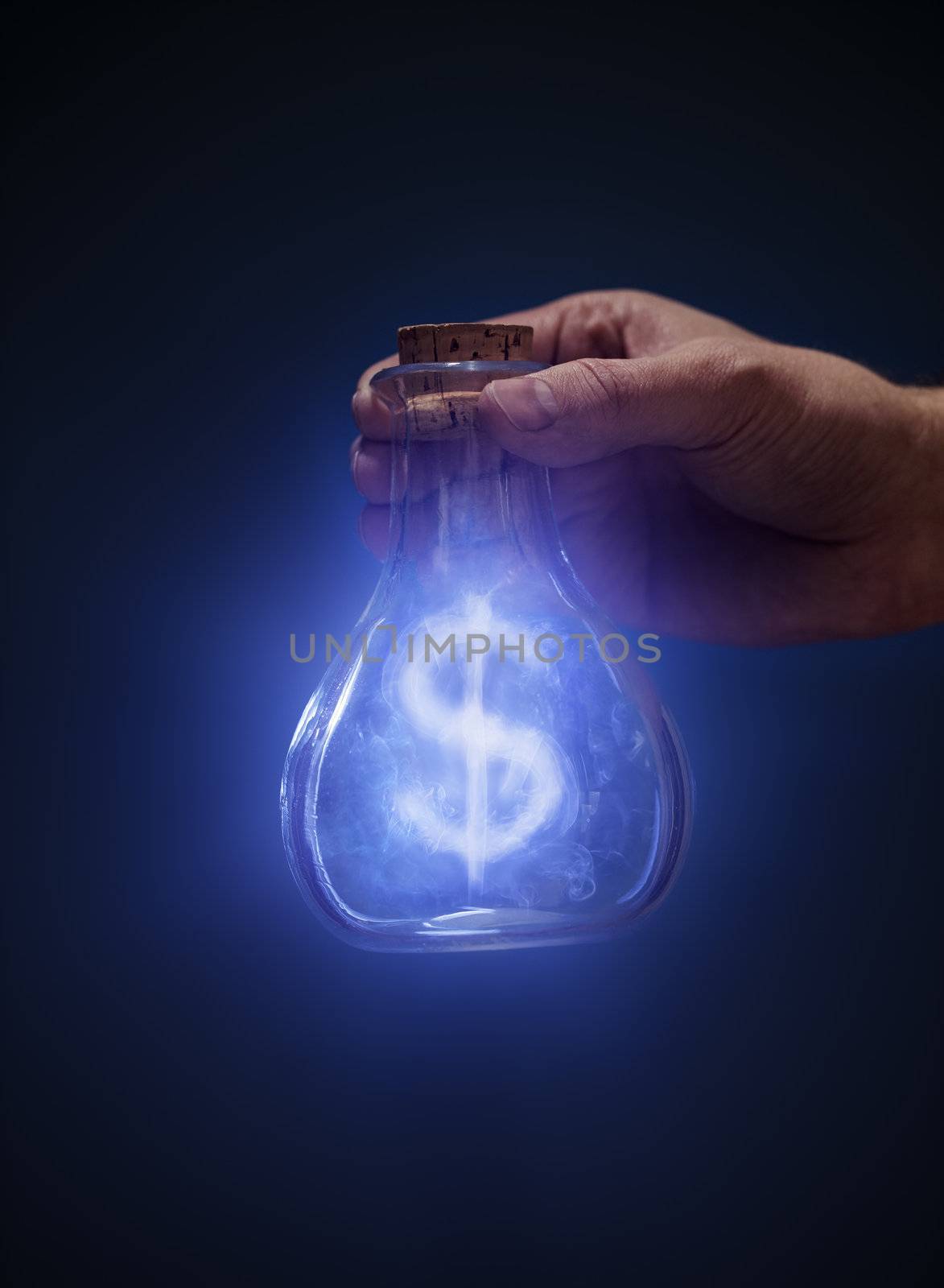 Conceptual image of a hand holding an old bottle containing a dollar sign made of smoke.