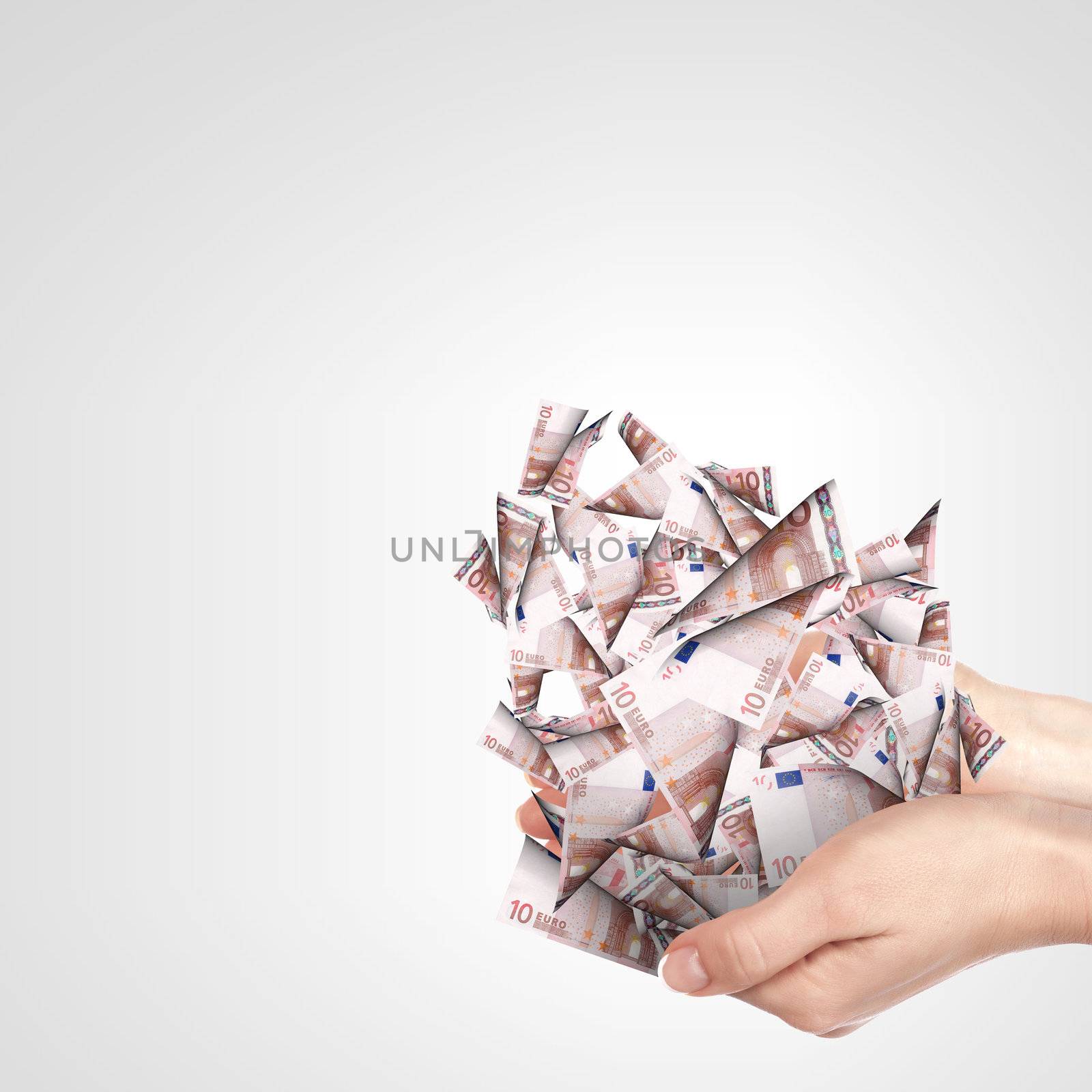 Human hand holding money on white background