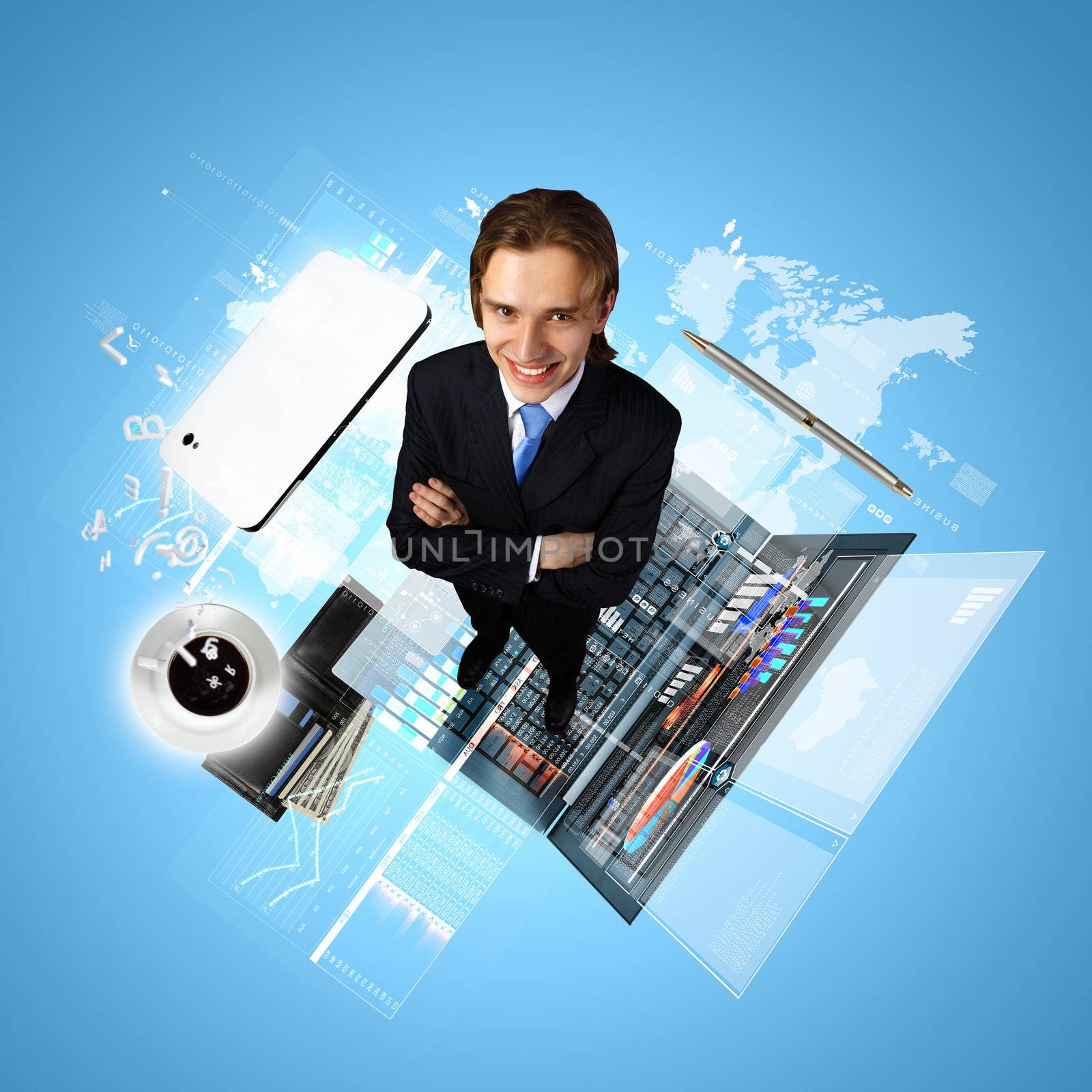 Modern technology illustration with computers and business person